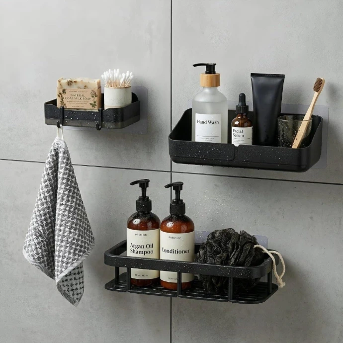Set of 3 wall-mounted shelves in sleek matte black, perfect for organising all your bathroom and kitchen essentials.