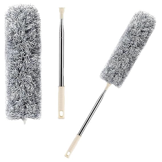 Extendable microfibre duster designed for cleaning hard-to-reach areas including ceiling fans, light fixtures, furniture tops, blinds, and cobwebs with ease