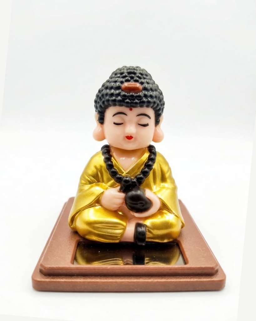 Cute Buddha Figurine, statuest, showipiece, Small Buddha, Buddha Idol, Meditating Monk Statue with Acrylic Display Case, Solar Base, Home and Car Decor, Cute Buddha Bobble Head