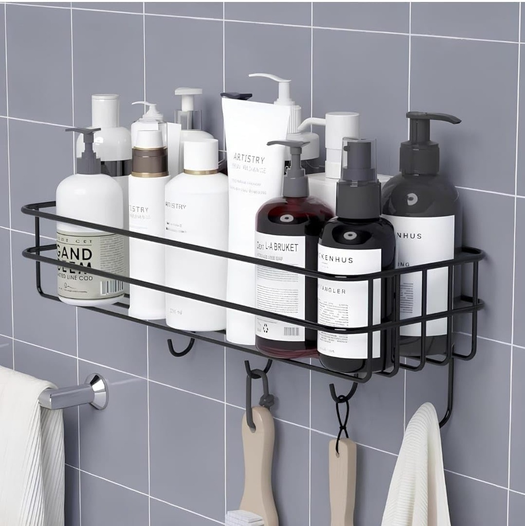 wall shelves| bathroom rack without drilling,self adhesive wall rack Black, Heavy Duty Powder-Coated Steel, with 5 Hooks, No-Drill Adhesive, Pack of 1
