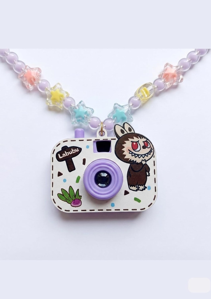 Projector Camera Keychain| Projector Camera for Kids| Purple Beaded Chain, Colorful Star Accents, Character Charm, Plastic