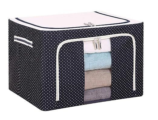 Foldable Storage Box Organizer with Lid – Large Capacity Steel Frame Storage Bin for Clothes, Blankets, Toys | Navy Polka Dot Design with Clear Window & Zipper Closure