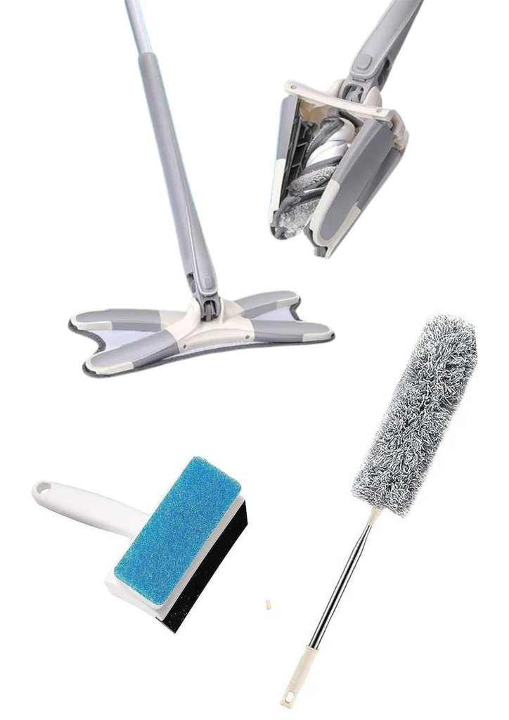 Home Cleaning Combo: X-Type Self-Wringing Mop, Extendable Microfiber Duster & 2-in-1 Window Squeegee Brush